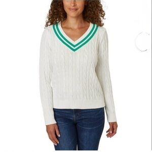 Lands' End Women's White Cable Knit V‑Neck Sweater with Green Stripe Size XL NWT
